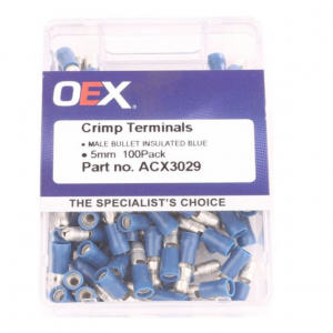 OEX Crimp Terminal Male Bullet Blade Blue Terminal Size 5mm 100Pk (ACX3029)